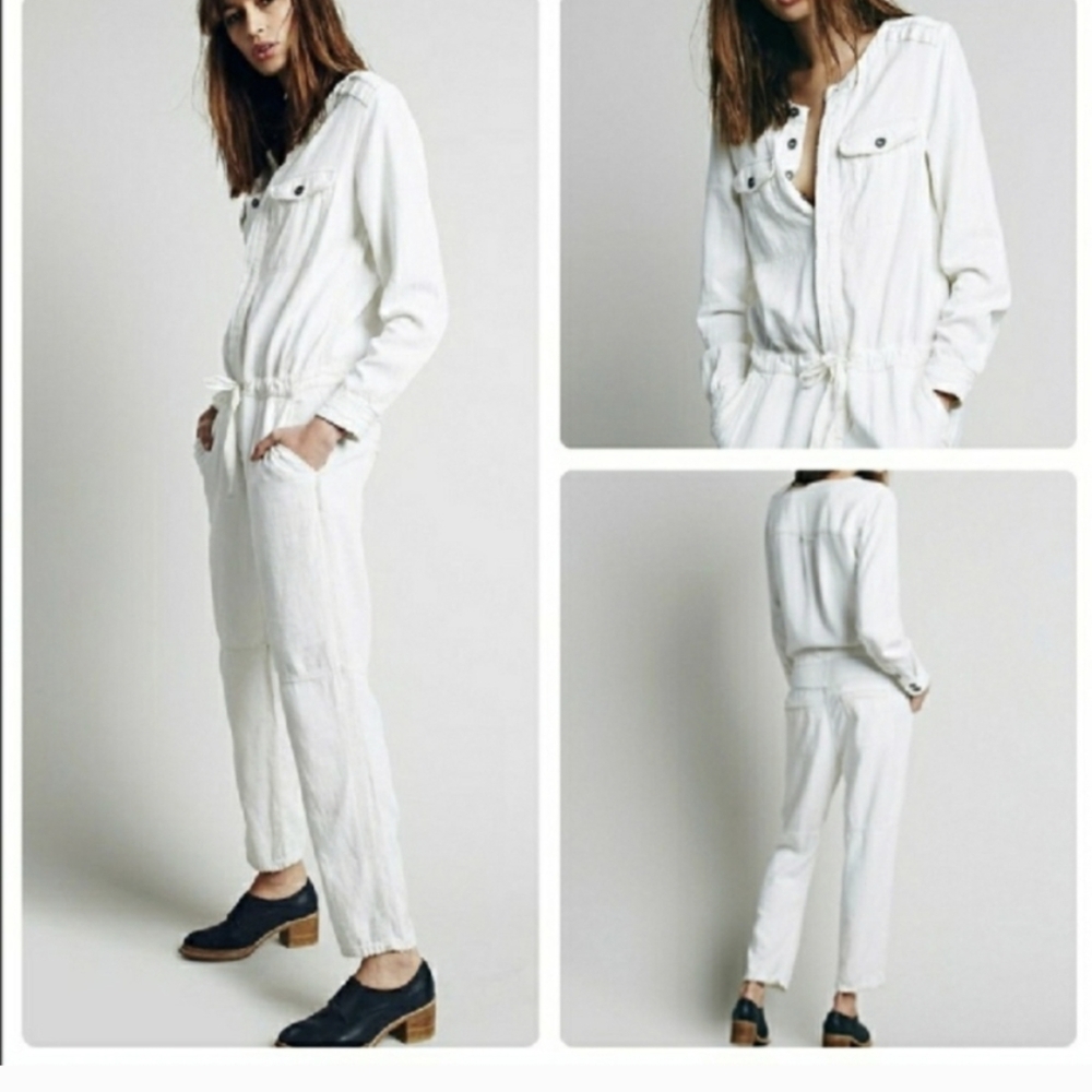 FREE PEOPLE Castaway White Denim Coverall‎ Jumpsuit Size 6